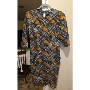 J. McLaughlin Catalyst Ponte Sheath Dress Small Mod Plaid Black Brown Tan Pocket